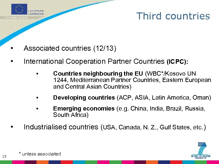 Third countries • Associated countries (12/13) • International Cooperation Partner Countries (ICPC): § §