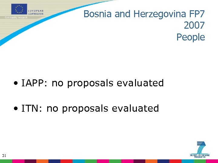 Bosnia and Herzegovina FP 7 2007 People • IAPP: no proposals evaluated • ITN:
