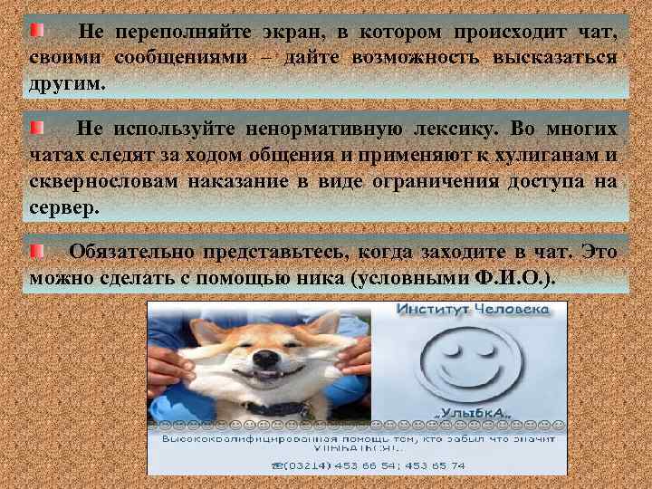 Не переполняйте экран, в котором происходит чат, своими сообщениями – дайте возможность высказаться другим.
