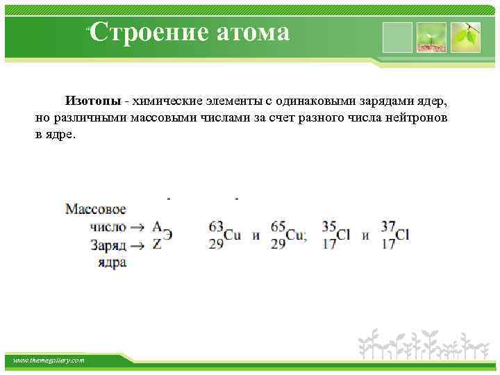 Строение атома Изотопы химические элементы с одинаковыми зарядами ядер, но различными массовыми числами за