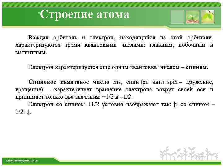 Строение атома Rаждая орбиталь и электрон, находящийся на этой орбитали, характеризуются тремя квантовыми числами: