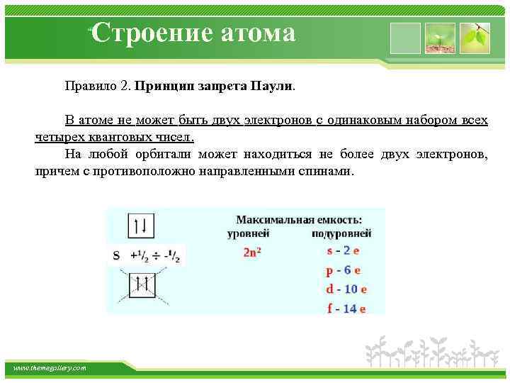 Строение атома Правило 2. Принцип запрета Паули. В атоме не может быть двух электронов