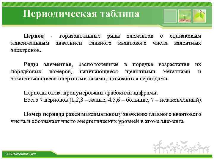 Периодическая таблица Период горизонтальные ряды элементов с одинаковым максимальным значением главного квантового числа валентных