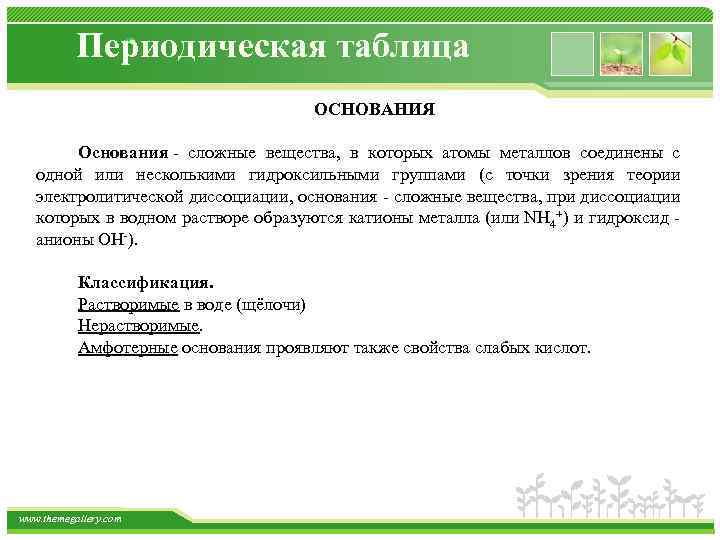 Периодическая таблица ОСНОВАНИЯ Основания сложные вещества, в которых атомы металлов соединены с одной или