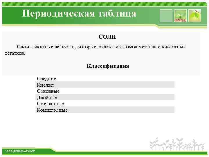 Периодическая таблица СОЛИ Соли сложные вещества, которые состоят из атомов металла и кислотных остатков.