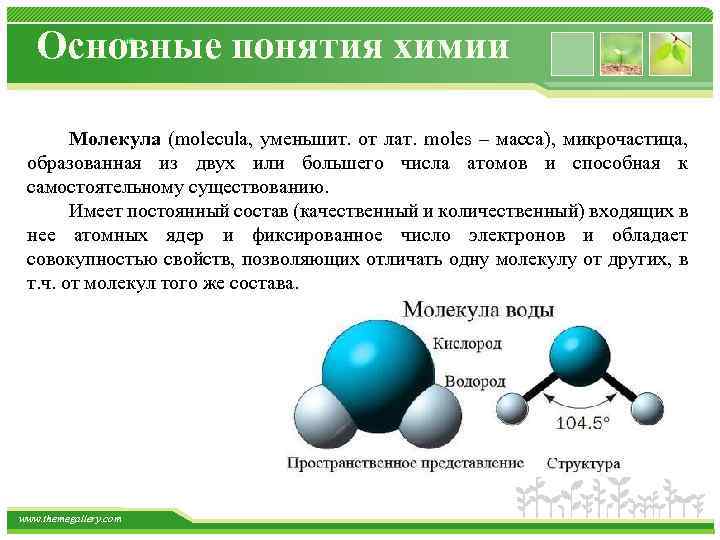 Основные понятия химии Молекула (molecula, уменьшит. от лат. moles – масса), микрочастица, образованная из