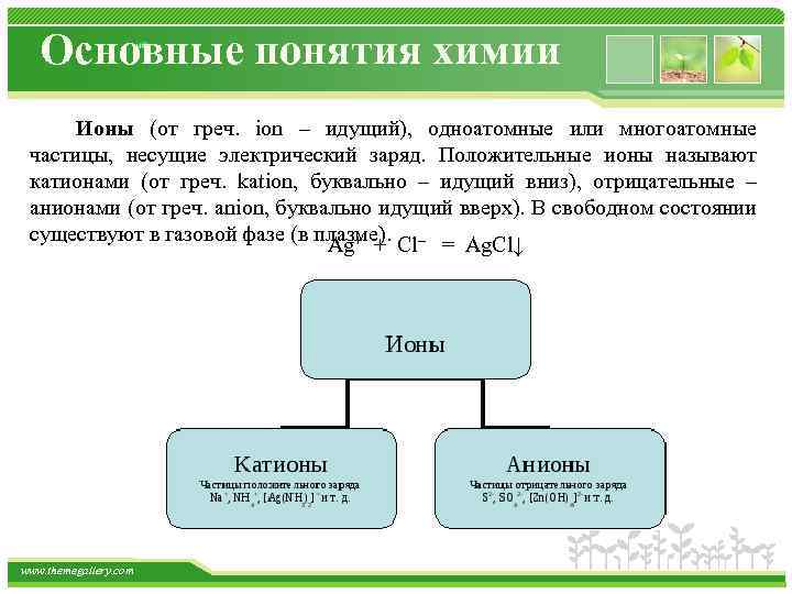 Основные понятия химии Ионы (от греч. ion – идущий), одноатомные или многоатомные частицы, несущие