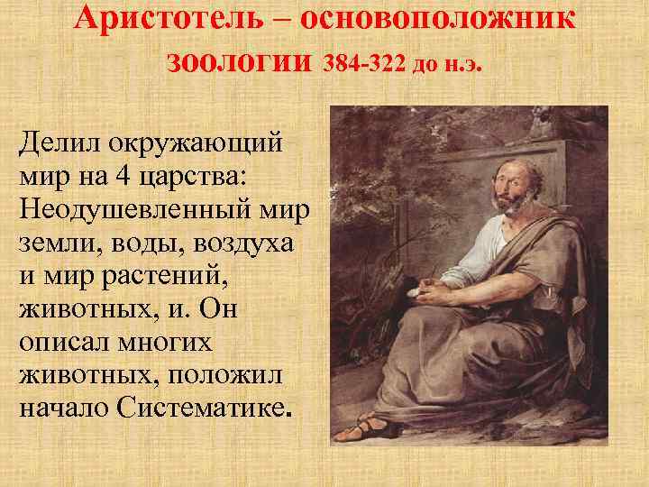 Аристотель – основоположник зоологии 384 -322 до н. э. Делил окружающий мир на 4