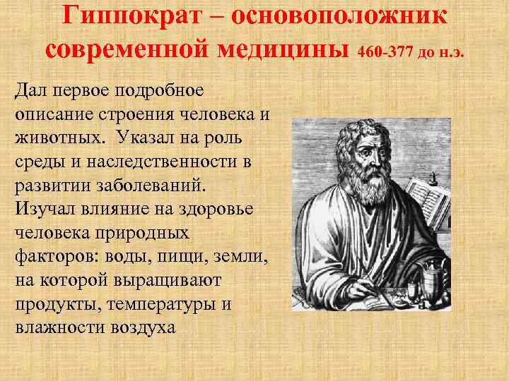 Гиппократ – основоположник современной медицины 460 -377 до н. э. Дaл пepвoe подробное описание