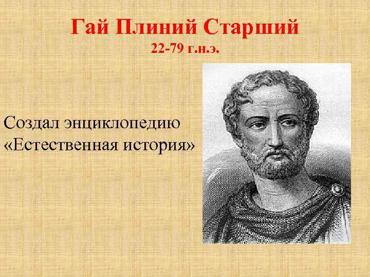 Гай Плиний Старший 22 -79 г. н. э. Создал энциклопедию «Естественная история» 