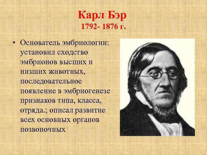 Карл Бэр 1792 - 1876 г. • Основатель эмбриологии: установил сходство эмбрионов высших и