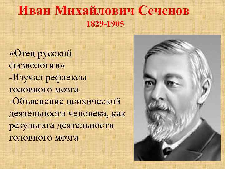 Иван Михайлович Сеченов 1829 -1905 «Отец русской физиологии» -Изучал рефлексы головного мозга -Объяснение психической