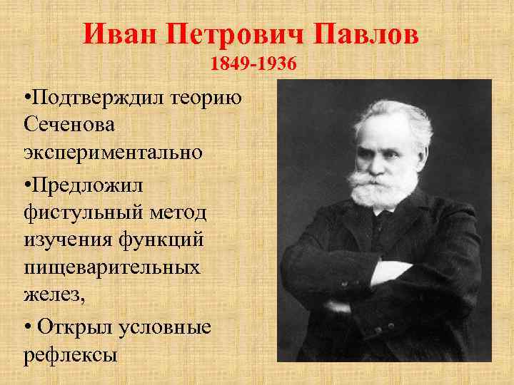 Иван Петрович Павлов 1849 -1936 • Подтверждил теорию Сеченова экспериментально • Предложил фистульный метод