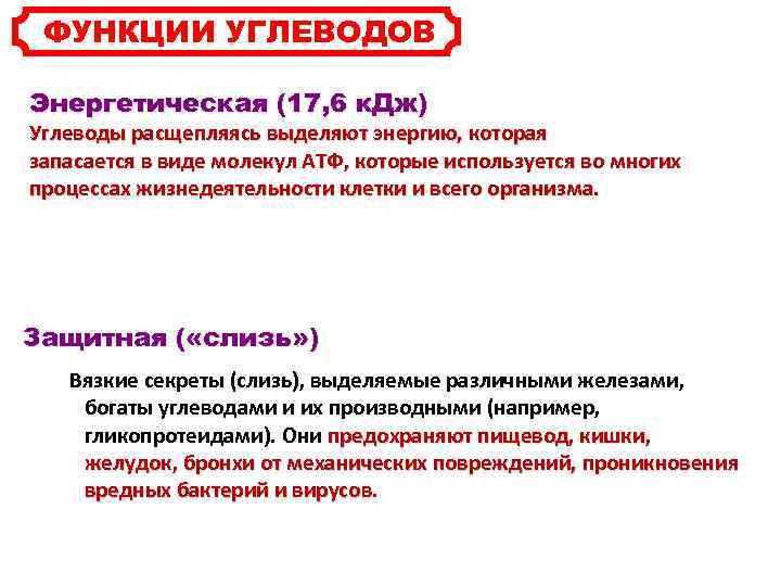 ФУНКЦИИ УГЛЕВОДОВ Энергетическая (17, 6 к. Дж) Углеводы расщепляясь выделяют энергию, которая запасается в