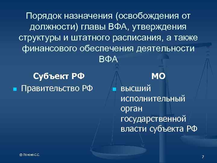 Порядок назначения (освобождения от должности) главы ВФА, утверждения структуры и штатного расписания, а также