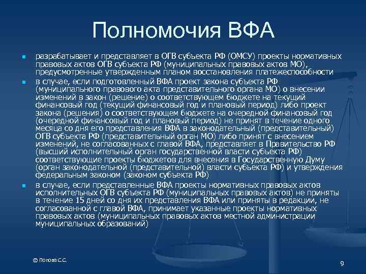 Полномочия ВФА n n n разрабатывает и представляет в ОГВ субъекта РФ (ОМСУ) проекты
