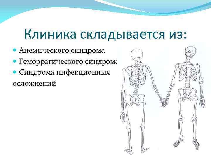 Клиника складывается из: Анемического синдрома Геморрагического синдрома Синдрома инфекционных осложнений 