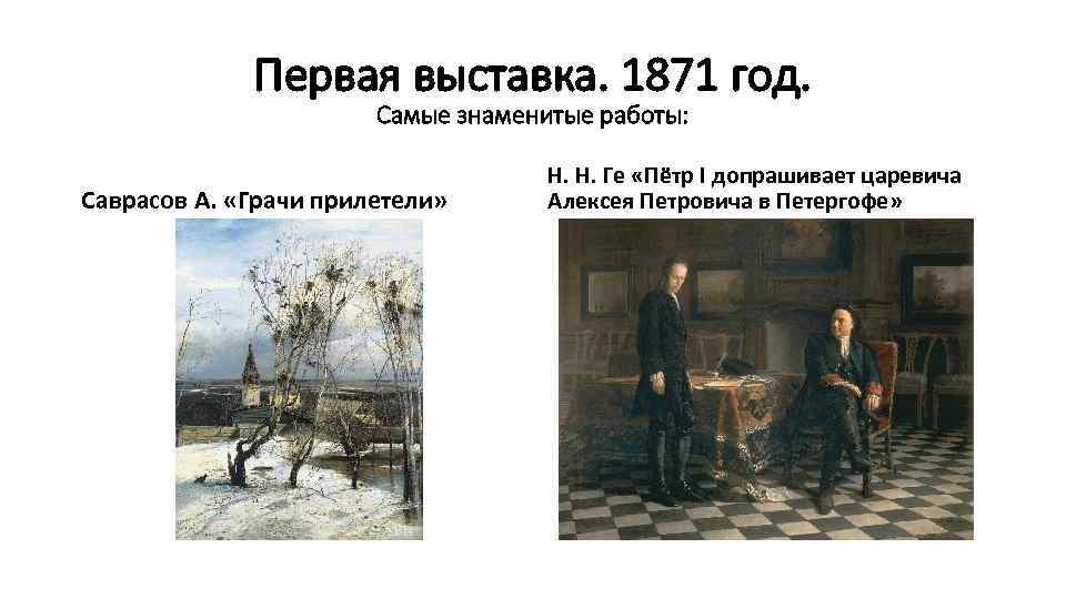 Первая выставка. 1871 год. Самые знаменитые работы: Саврасов А. «Грачи прилетели» Н. Н. Ге