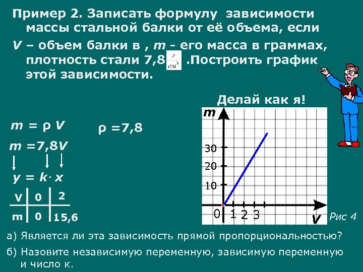 Пример 2. Записать формулу зависимости массы стальной балки от её объема, если V –