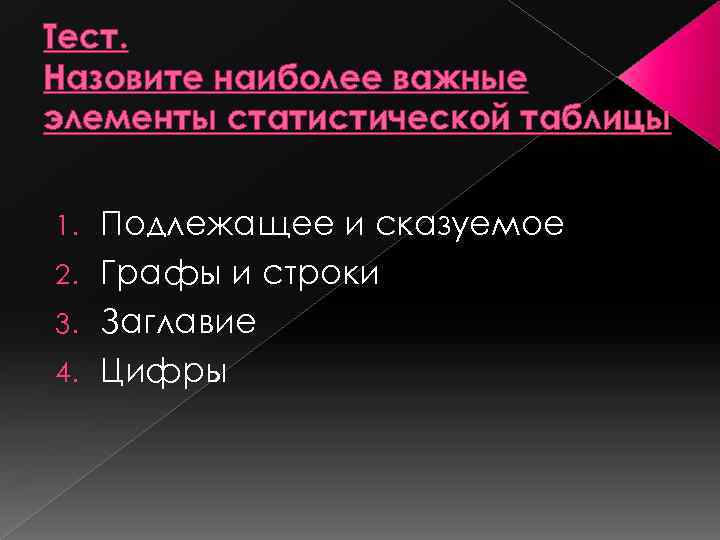 Тест. Назовите наиболее важные элементы статистической таблицы Подлежащее и сказуемое 2. Графы и строки