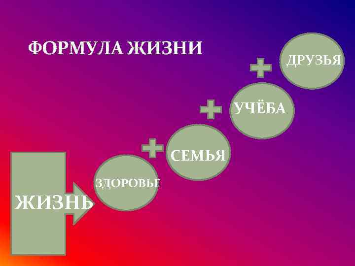 ФОРМУЛА ЖИЗНИ ДРУЗЬЯ УЧЁБА СЕМЬЯ ЖИЗНЬ ЗДОРОВЬЕ 