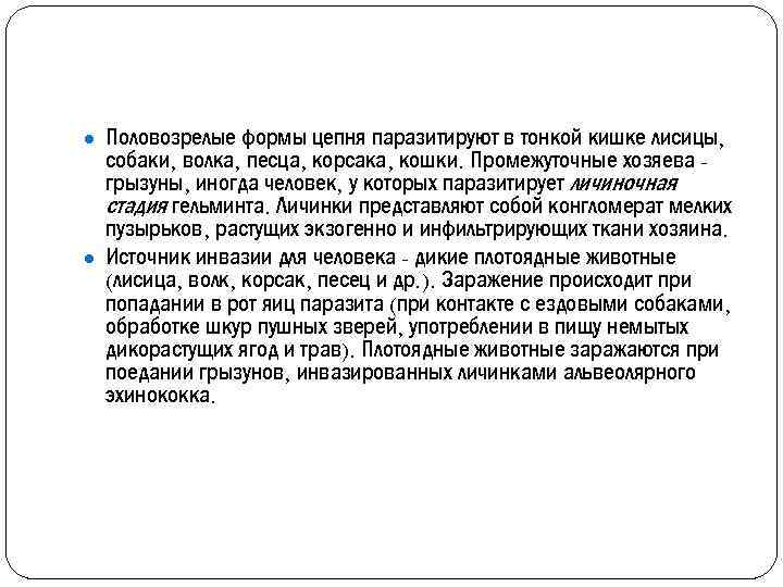 ● Половозрелые формы цепня паразитируют в тонкой кишке лисицы, собаки, волка, песца, корсака, кошки.