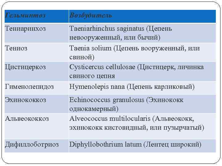 Гельминтоз Возбудитель Тениаринхоз Taeniarhinchus saginatus (Цепень невооруженный, или бычий) Taenia solium (Цепень вооруженный, или