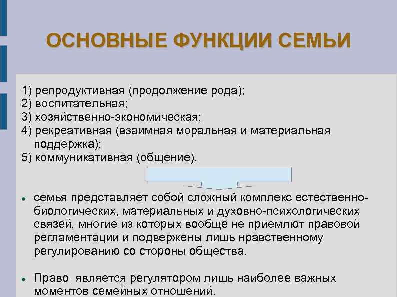 ОСНОВНЫЕ ФУНКЦИИ СЕМЬИ 1) репродуктивная (продолжение рода); 2) воспитательная; 3) хозяйственно экономическая; 4) рекреативная