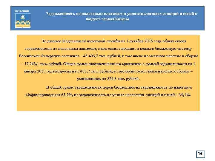 Город Кимры Задолженность по налоговым платежам и уплате налоговых санкций и пеней в бюджет