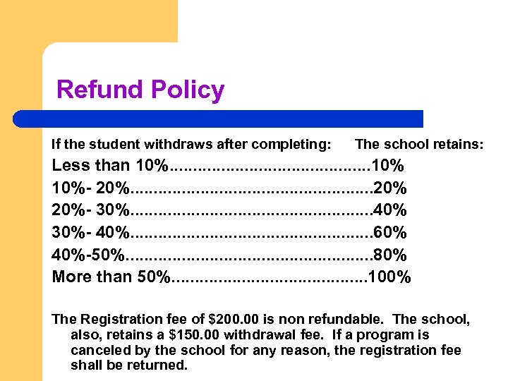 Refund Policy If the student withdraws after completing: The school retains: Less than 10%.