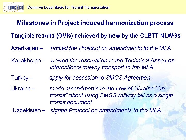 Common Legal Basis for Transit Transportation Milestones in Project induced harmonization process Tangible results