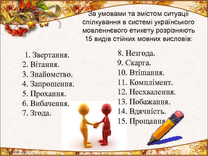 За умовами та змістом ситуації спілкування в системі українського мовленнєвого етикету розрізняють 15 видів