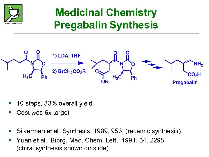 Medicinal Chemistry Pregabalin Synthesis § 10 steps, 33% overall yield § Cost was 6