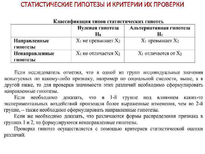 СТАТИСТИЧЕСКИЕ ГИПОТЕЗЫ И КРИТЕРИИ ИХ ПРОВЕРКИ 