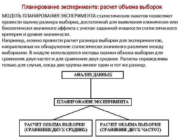Планирование эксперимента: расчет объема выборок МОДУЛЬ ПЛАНИРОВАНИЯ ЭКСПЕРИМЕНТА статистических пакетов позволяют провести оценку размера