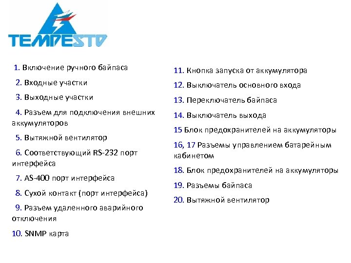 1. Включение ручного байпаса 11. Кнопка запуска от аккумулятора 2. Входные участки 12. Выключатель