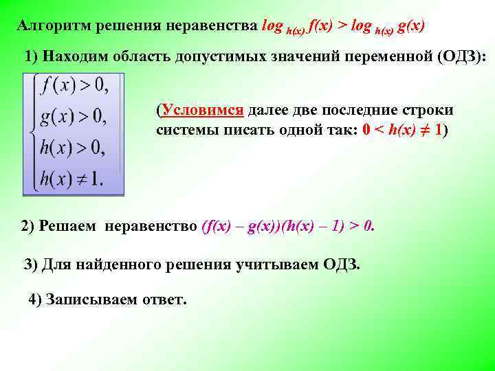 Алгоритм решения неравенства log h(x) f(x) > log h(x) g(x) 1) Находим область допустимых