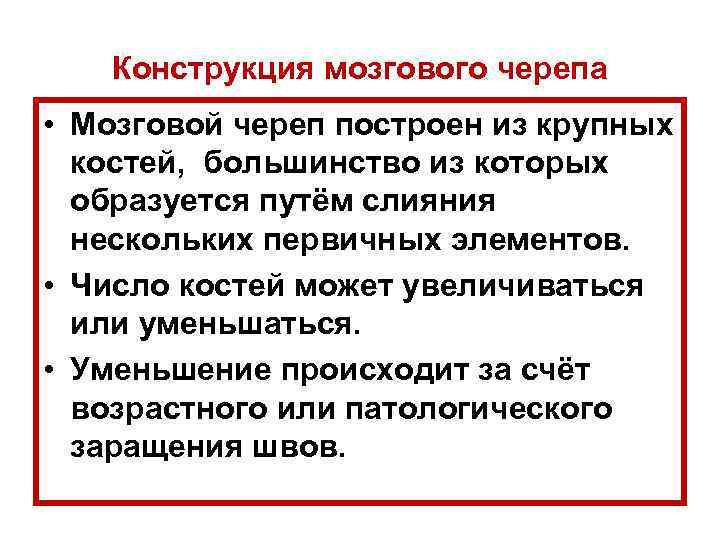 Конструкция мозгового черепа • Мозговой череп построен из крупных костей, большинство из которых образуется