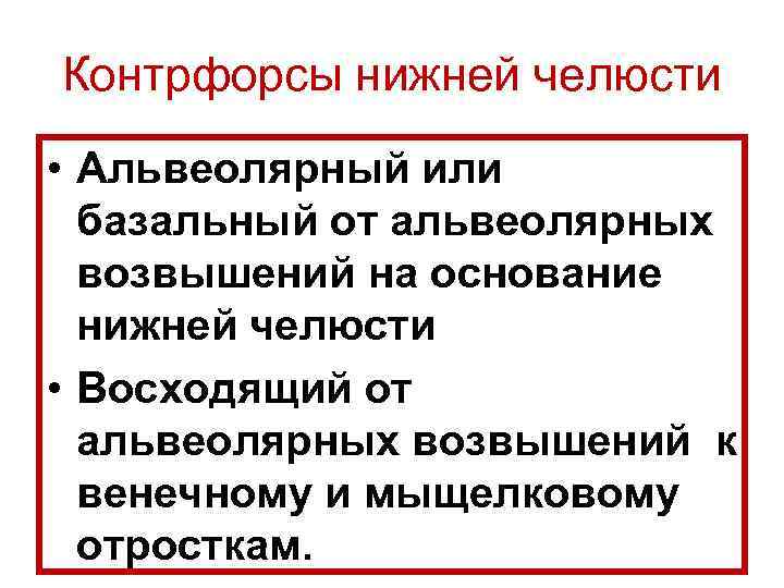 Контрфорсы нижней челюсти • Альвеолярный или базальный от альвеолярных возвышений на основание нижней челюсти