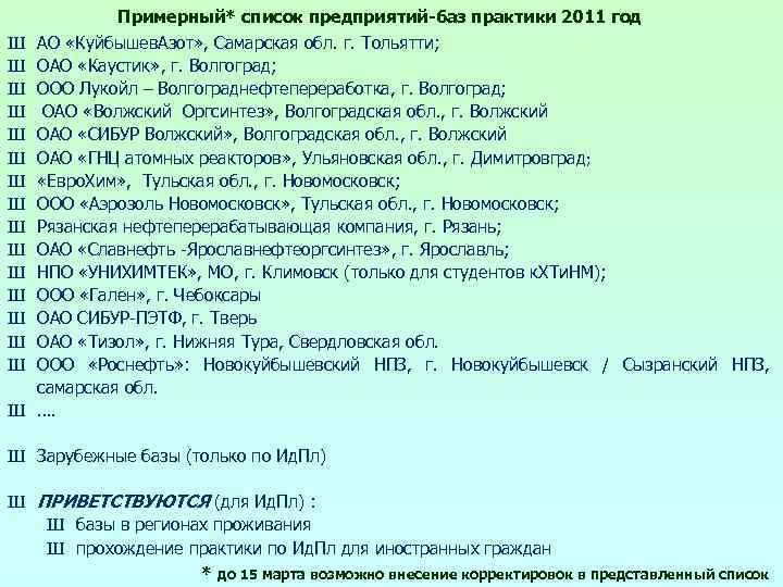 Ш Ш Ш Ш Примерный* список предприятий-баз практики 2011 год АО «Куйбышев. Азот» ,