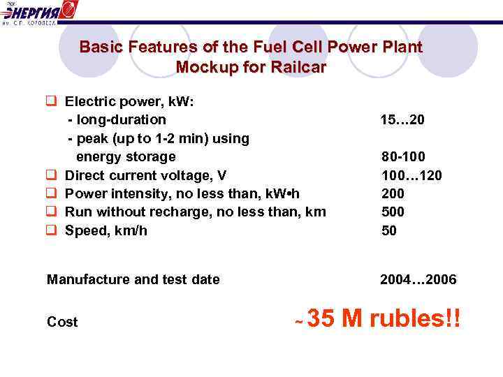 Basic Features of the Fuel Cell Power Plant Mockup for Railcar q Electric power,