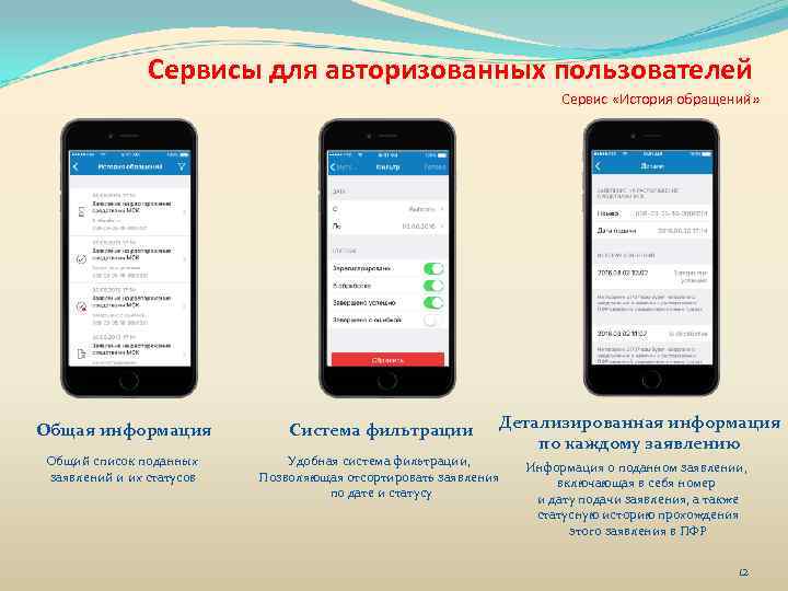 Сервисы для авторизованных пользователей Сервис «История обращений» Детализированная информация по каждому заявлению Общая информация