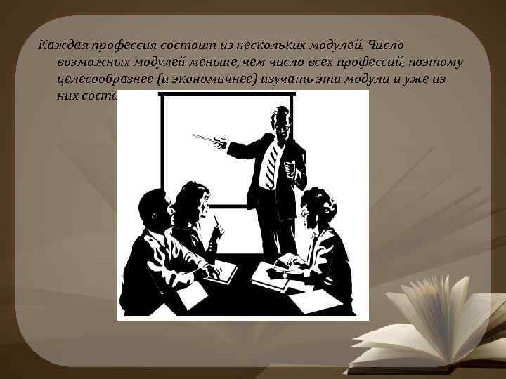 Каждая профессия состоит из нескольких модулей. Число возможных модулей меньше, чем число всех профессий,