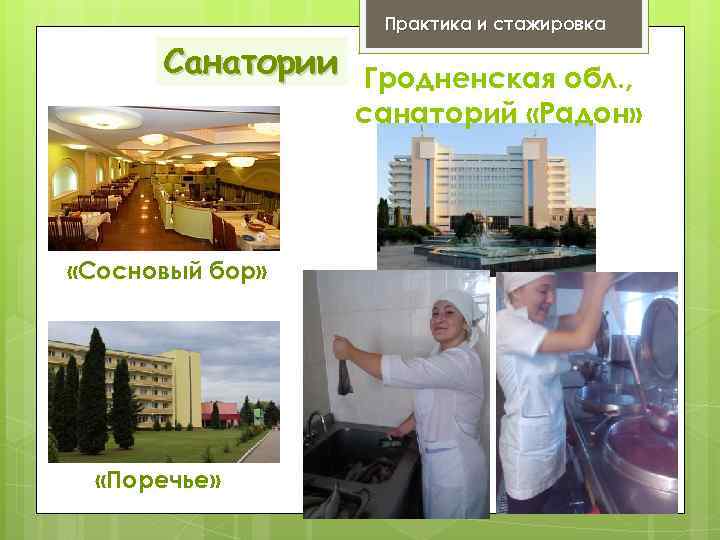 Практика и стажировка Санатории Гродненская обл. , санаторий «Радон» «Сосновый бор» «Поречье» 