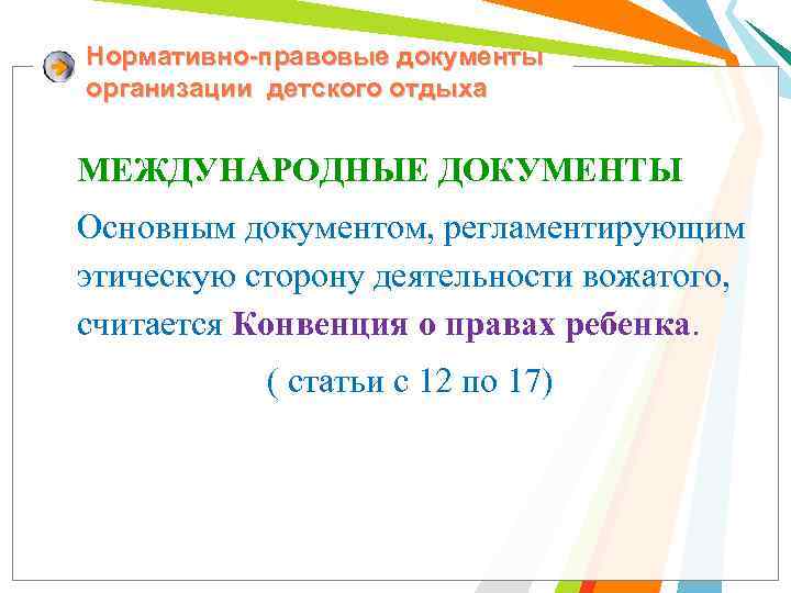 Нормативно-правовые документы организации детского отдыха МЕЖДУНАРОДНЫЕ ДОКУМЕНТЫ Основным документом, регламентирующим этическую сторону деятельности вожатого,