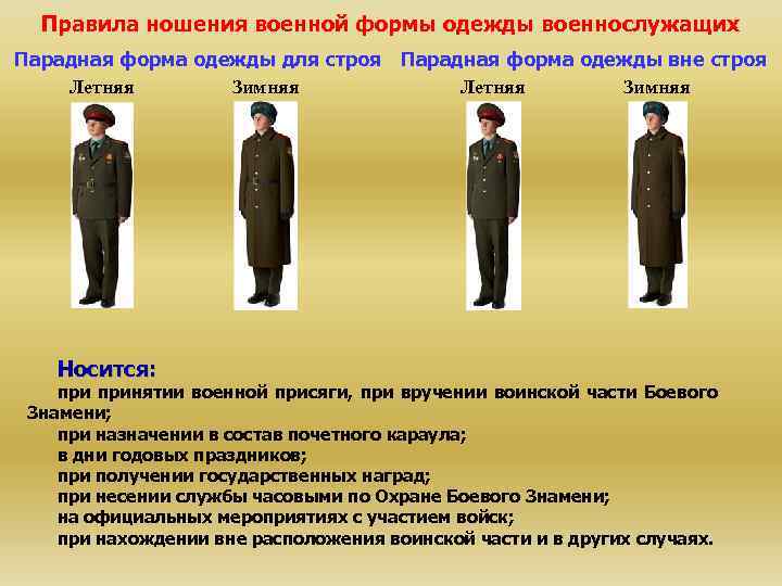 Правила ношения военной формы одежды военнослужащих Парадная форма одежды для строя Парадная форма одежды