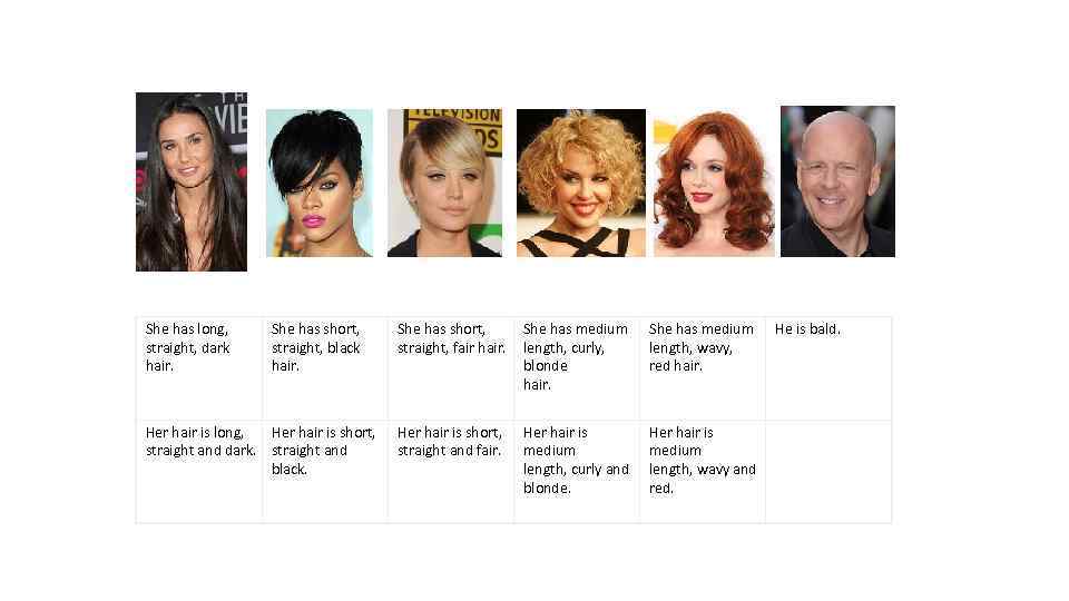 She has long, straight, dark hair. She has short, straight, black hair. Her hair