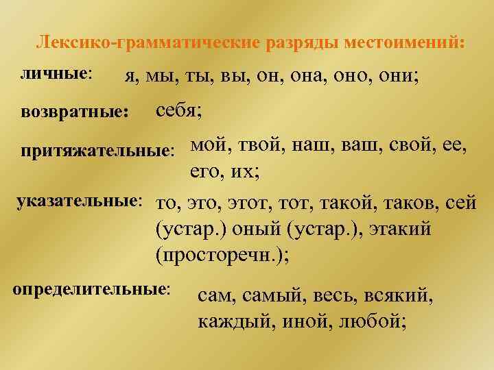 Лексико-грамматические разряды местоимений: личные: я, мы, ты, вы, она, оно, они; возвратные: себя; притяжательные: