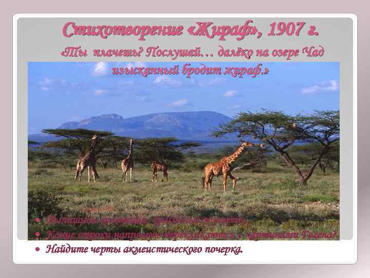 Стихотворение «Жираф» , 1907 г. «Ты плачешь? Послушай… далёко на озере Чад изысканный бродит