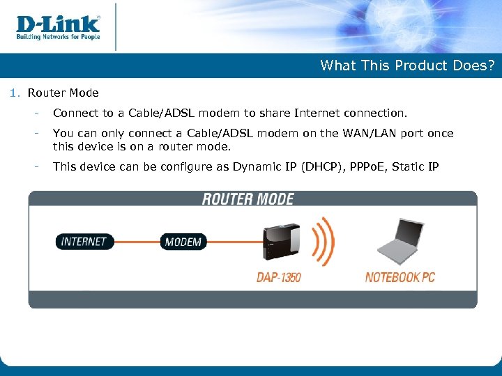 What This Product Does? 1. Router Mode - Connect to a Cable/ADSL modem to